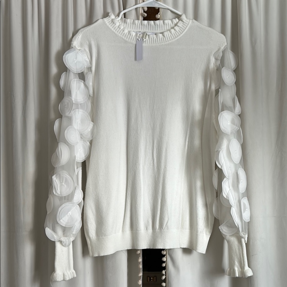 White Sweater with Sheer Circle Sleeves
